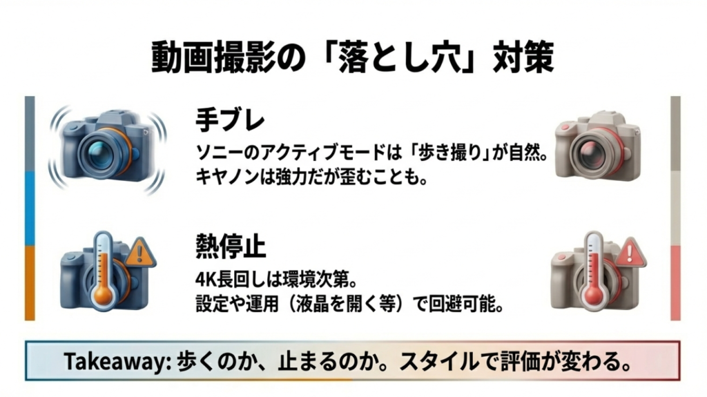 動画撮影の落とし穴である手ブレと熱停止。ソニーのアクティブモードや熱対策の設定で回避可能