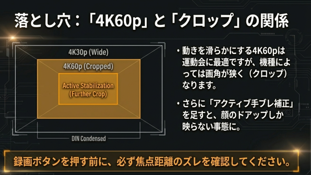 4K60pやアクティブ手ブレ補正による画角のクロップ（狭まり）の図解