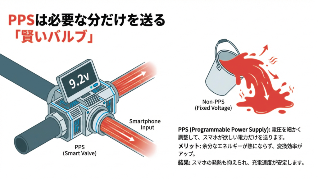 PPSの仕組みを賢いバルブとバケツで表現したイラスト