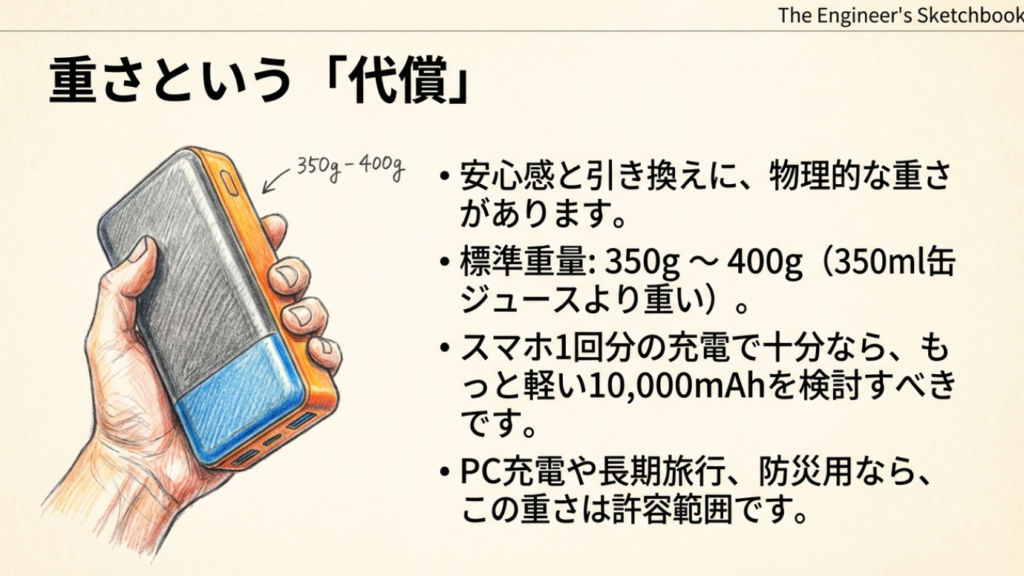 20000mAhの重さは350g-400g前後。安心感の代償として物理的な重さがあることを理解する