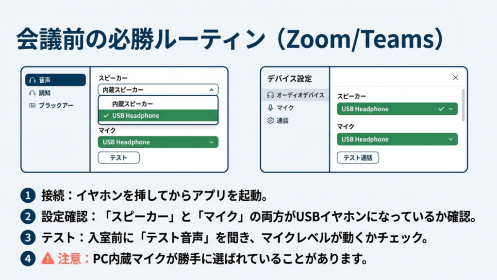 ZoomやTeams会議前の音声設定ルーティン。スピーカーとマイクの設定、テスト通話の手順。