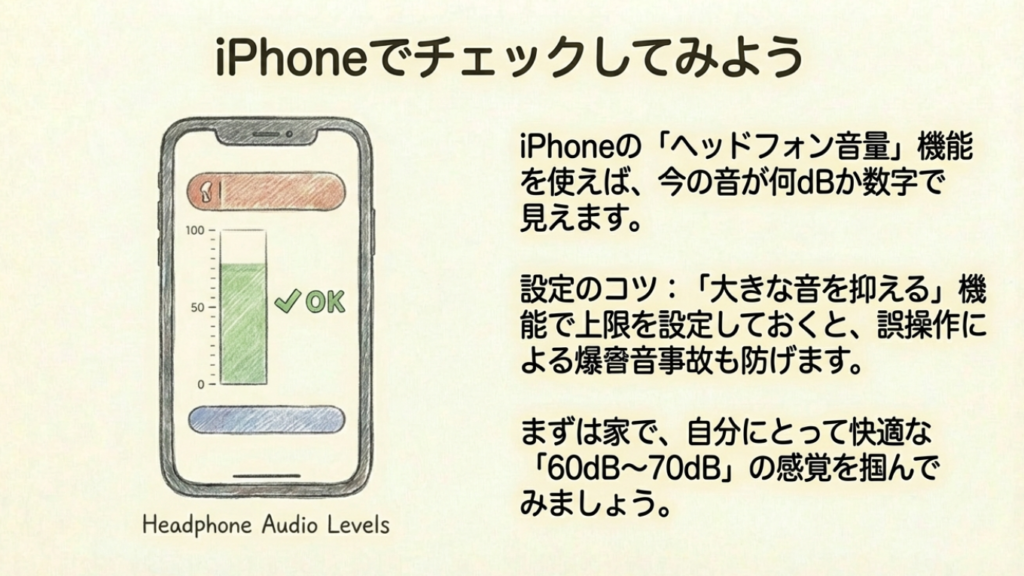 iPhoneでdBを確認 iPhoneのヘッドフォン音量チェッカー機能の画面イラスト