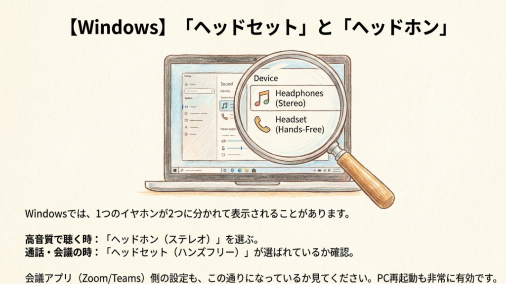 Windowsの設定画面でヘッドホンとヘッドセットを使い分ける図解
