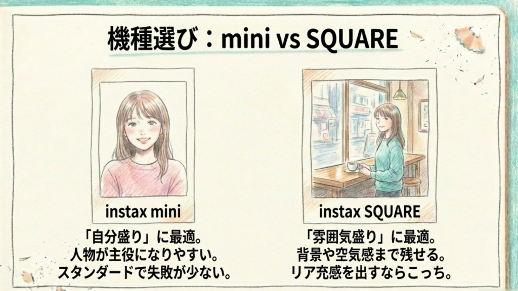 人物が主役になりやすいinstax miniと背景のリア充感も残せるinstax SQUAREの比較