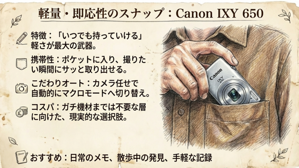 Canon IXY 650の携帯性とオートマクロ機能：軽量で即応性が高いメリット