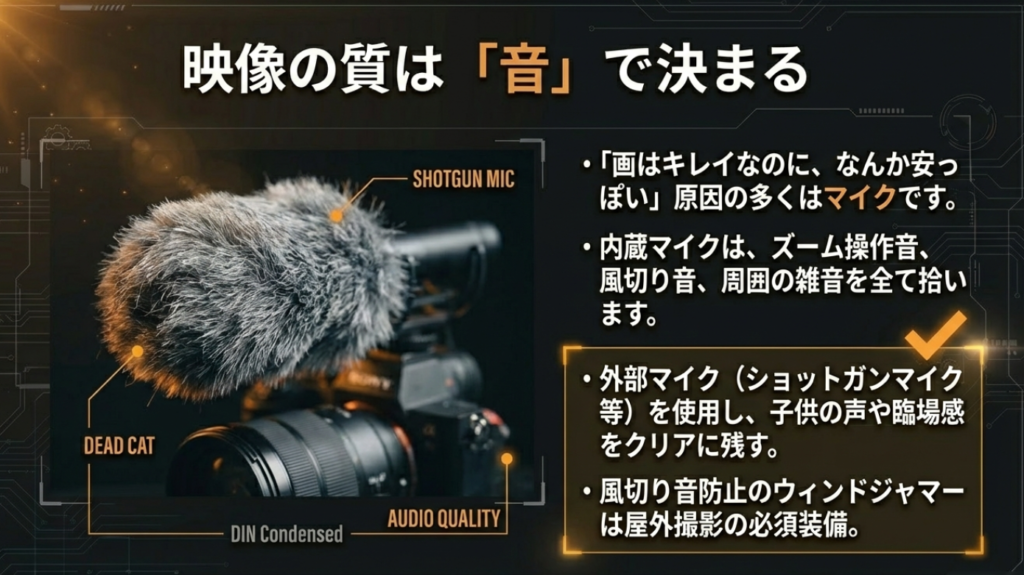 ウィンドジャマー（モフモフ）を装着したショットガンマイクで風切り音を防止