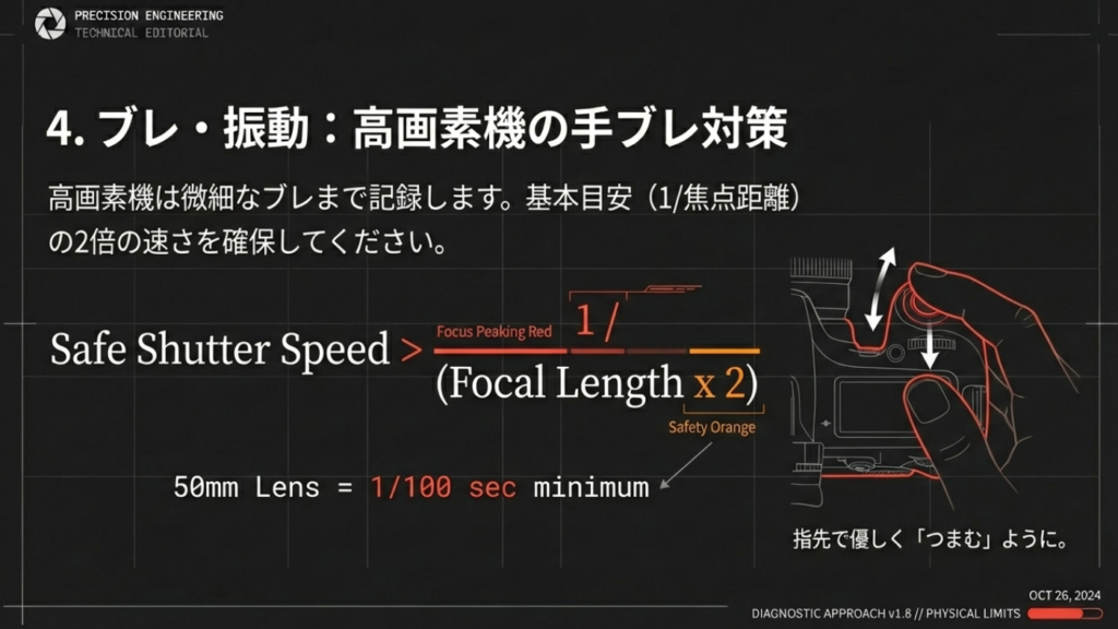 焦点距離分の1秒の2倍のシャッター速度を確保し、指先でシャッターを切る手ブレ対策