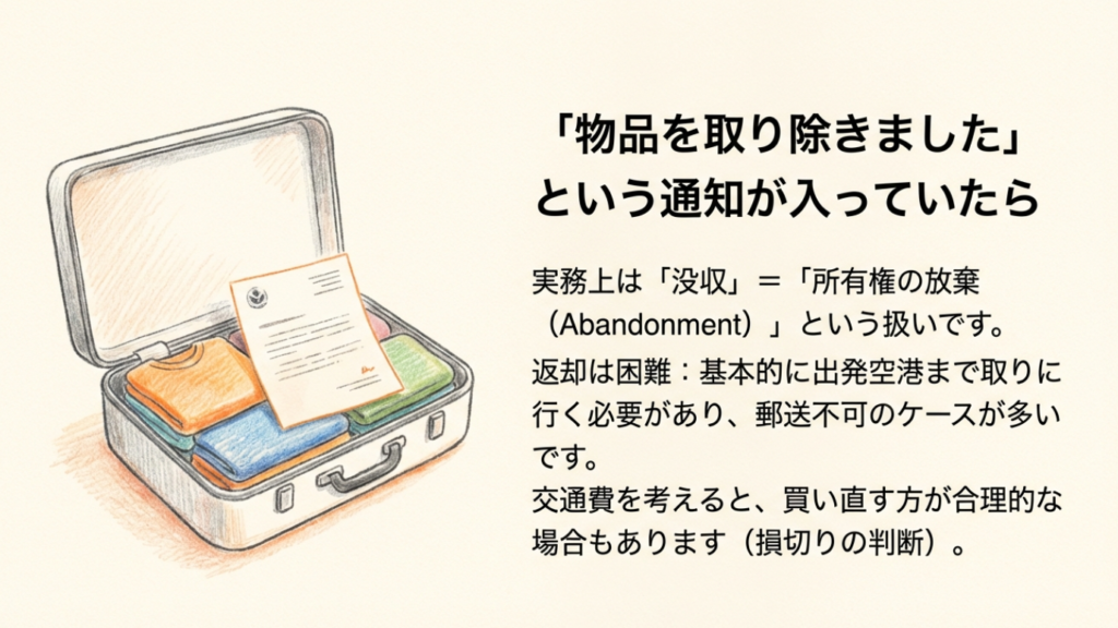没収通知書が入っていた場合の対応 スーツケースの中に物品没収(放棄)の通知書が入っているイラスト