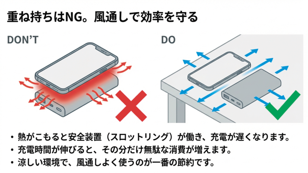 スマホとバッテリーの重ね持ち禁止と正しい置き方のイラスト