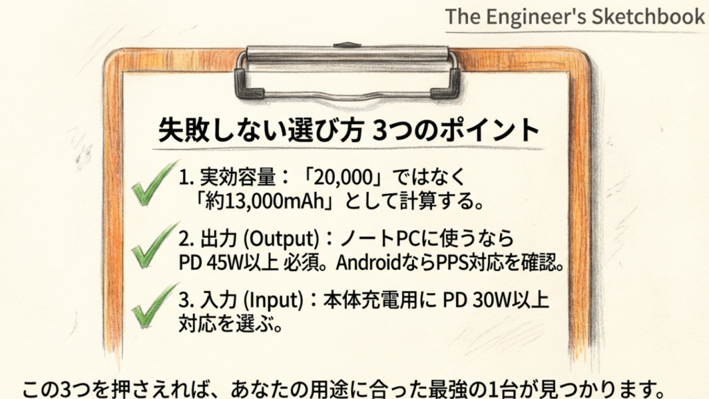 失敗しない選び方3つのポイント。実効容量を13000mAhと想定する、PCには45W以上、入力は30W以上を選ぶ