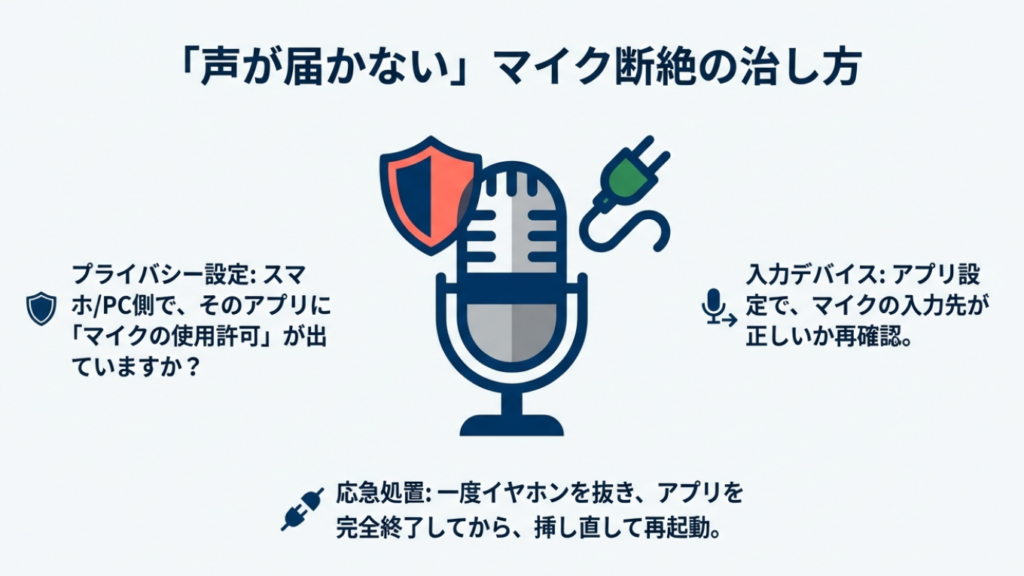 マイクが使えない時の対処法。プライバシー設定の許可、アプリの再起動、入力デバイスの確認。