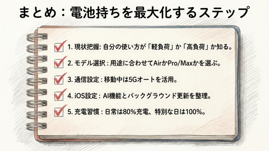 今日からできる電池持ち対策ステップ(原因チェック、通信設定、AI・表示、充電管理)