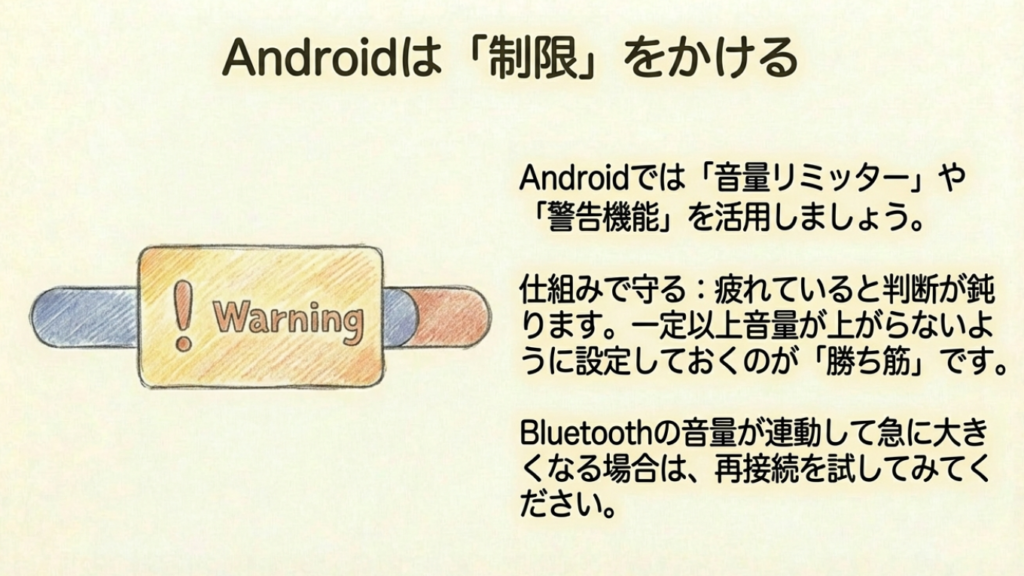 Androidの音量制限 Androidの音量リミッターや警告機能のイラスト