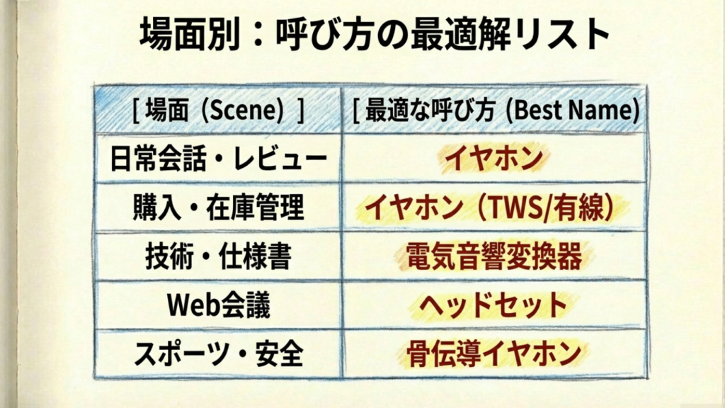 場面別のイヤホン呼び方最適解リストの表