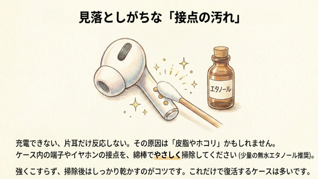 綿棒と無水エタノールを使ってイヤホンの金属接点を掃除する様子