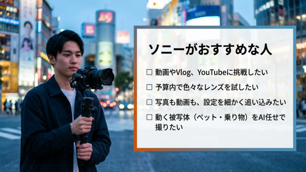 ソニーがおすすめな人：動画やVlogに挑戦、予算内でレンズを試したい、設定を追い込みたい人