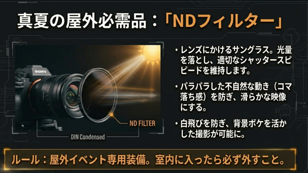 真夏の屋外撮影で光量を落とすNDフィルター
