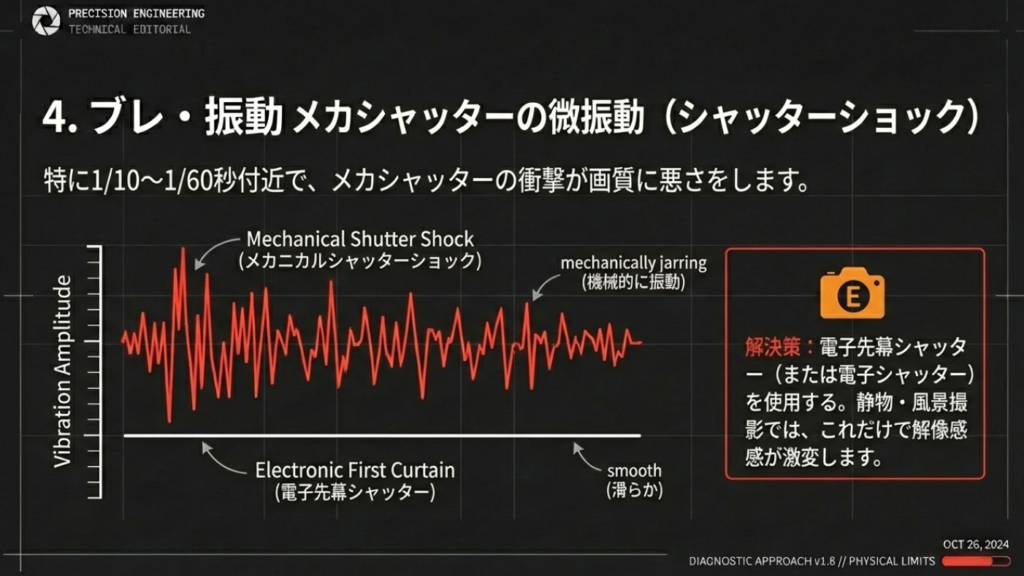 メカシャッターによる微振動の波形と、それを防ぐ滑らかな電子先幕シャッターの比較