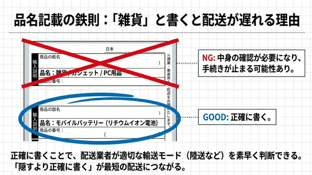 品名記載の鉄則：「雑貨」はNG、「モバイルバッテリー」と正確に書く