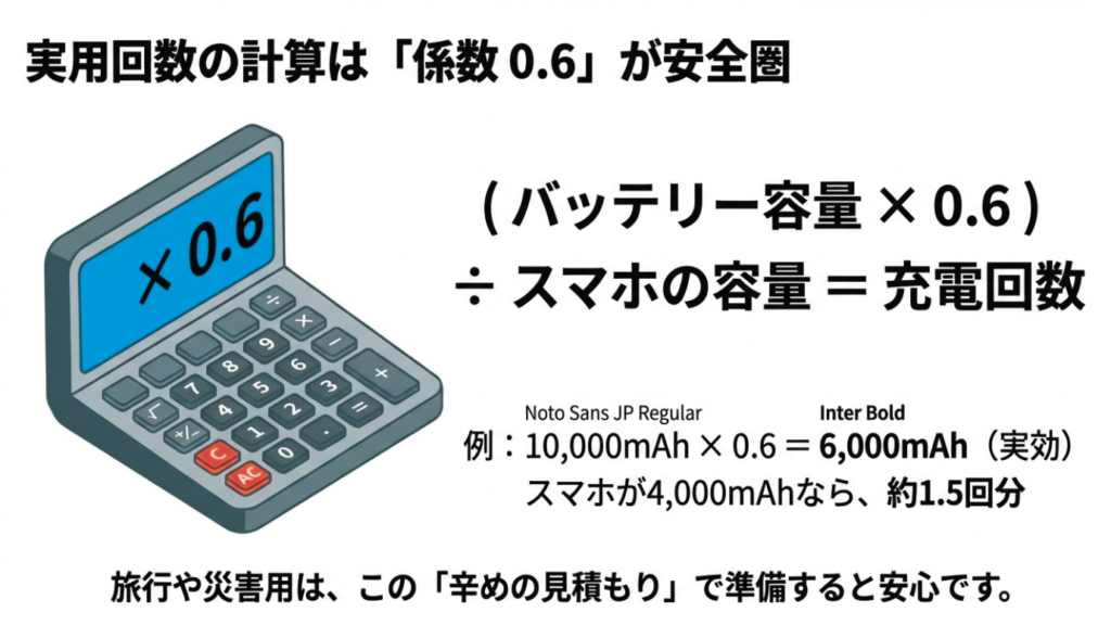 実用回数計算のための係数0.6を使った計算式の図