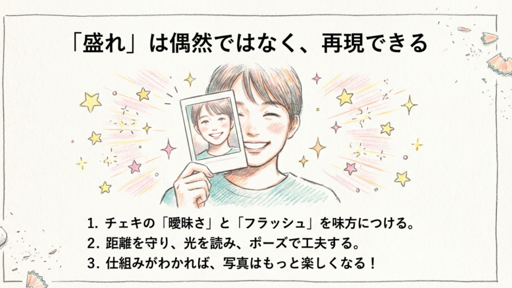 チェキの曖昧さとフラッシュを味方につけ、距離と光を読めば盛れる写真は再現できる