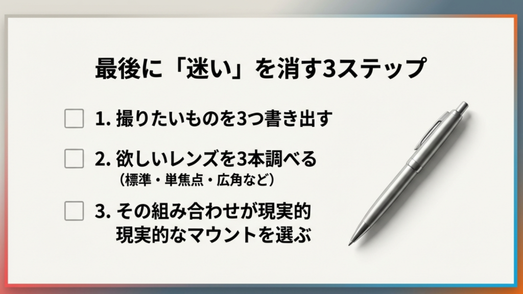 迷いを消す3ステップ：撮りたいものを3つ書く、欲しいレンズを3本調べる、現実的なマウントを選ぶ