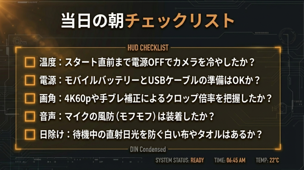 撮影当日の朝に確認すべき温度・電源・画角・音声・日除けのチェックリスト