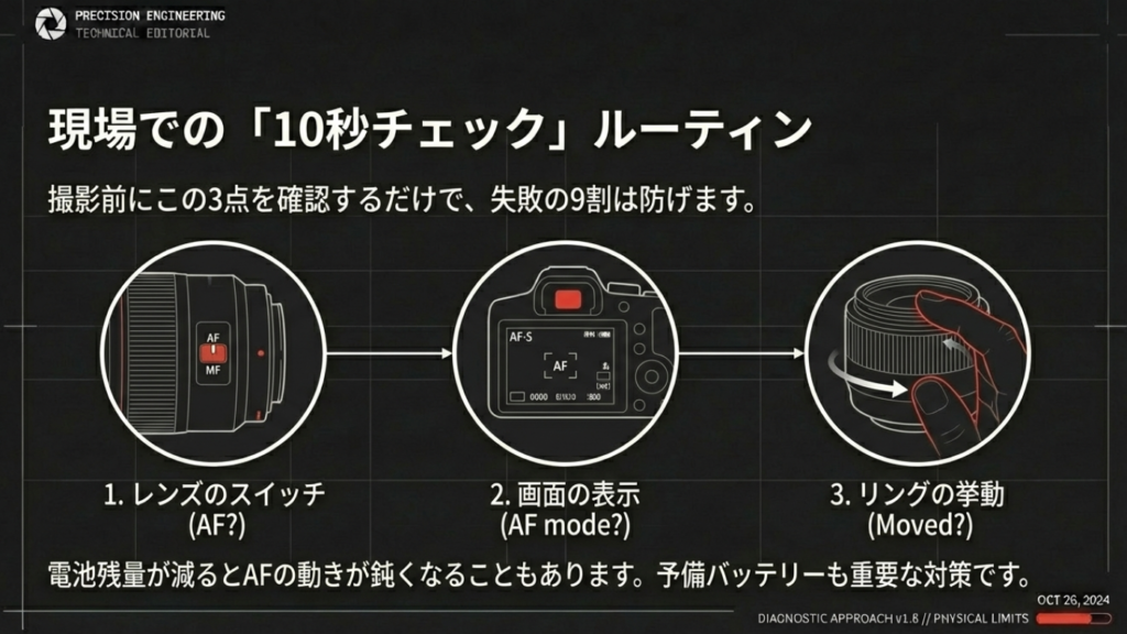 撮影前にレンズのスイッチ、画面表示、フォーカスリングを確認する3つの手順