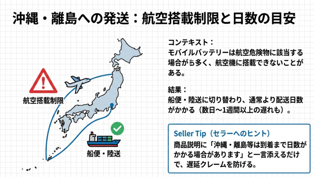 沖縄・離島への発送：航空搭載制限と船便・陸送による日数遅延の目安