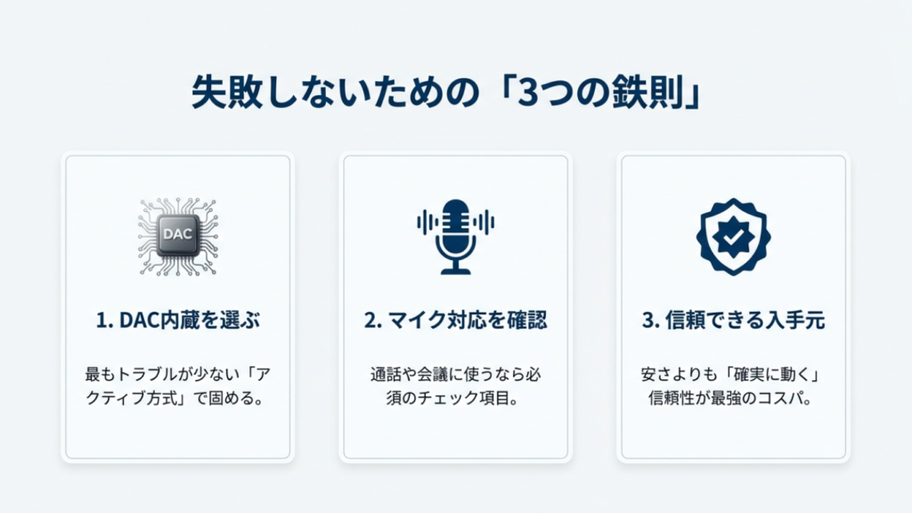失敗しないための3つの鉄則。DAC内蔵を選ぶ、マイク対応を確認、信頼できる入手元で購入。