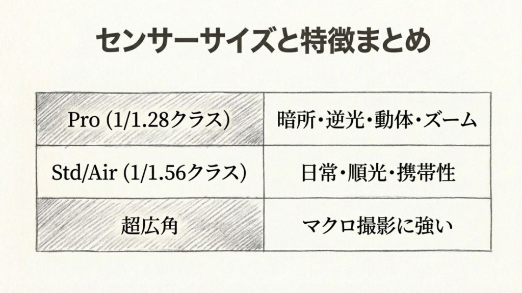 iPhone 17シリーズのセンサーサイズと特徴まとめ表