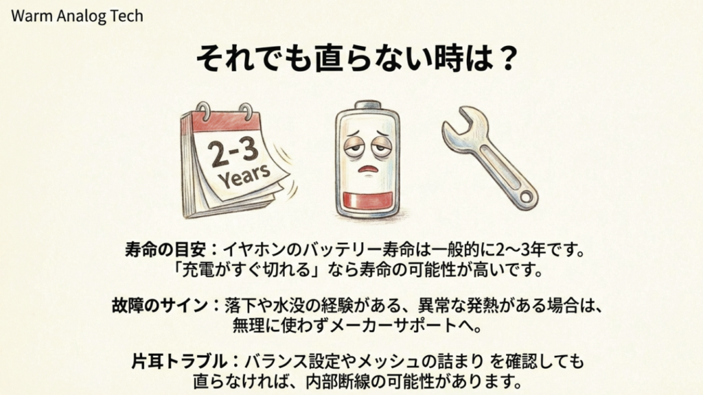 2〜3年のカレンダーとバッテリーの劣化、故障のサインを示すイラスト