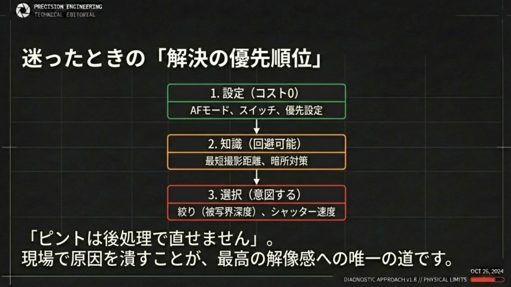 ピントが甘い原因を特定して解決するための優先順位（設定、限界、特性）のまとめ