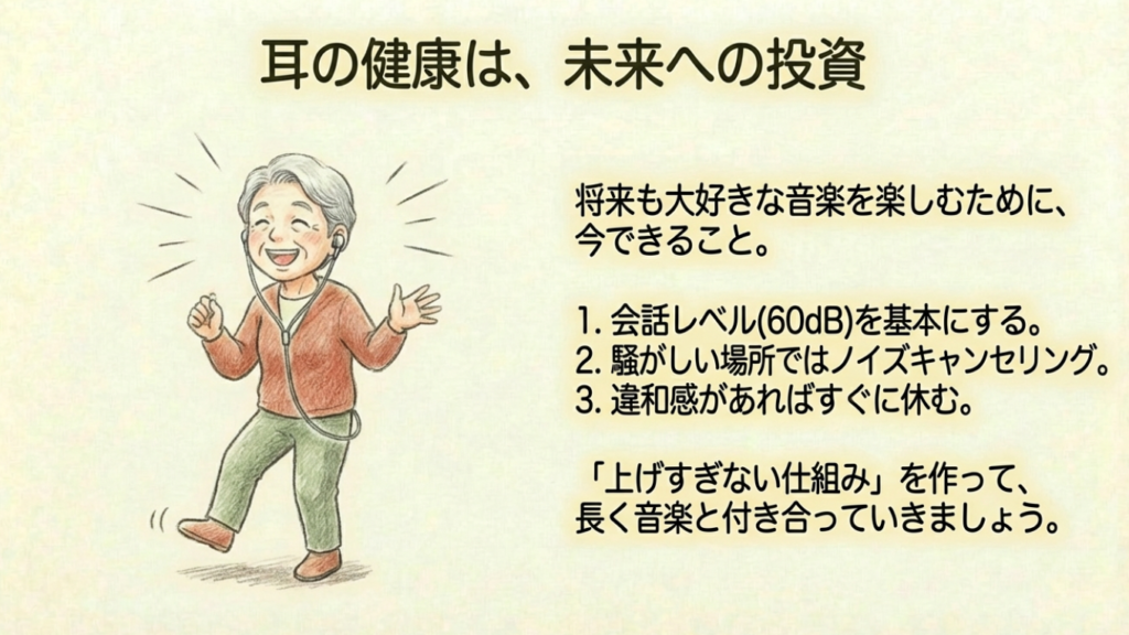 未来への投資 長く音楽を楽しむための耳の健康投資のイラスト