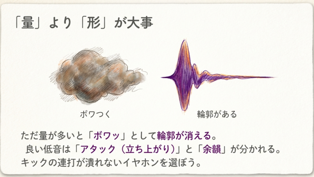 ボワつく低音と輪郭がある低音の波形比較イラスト