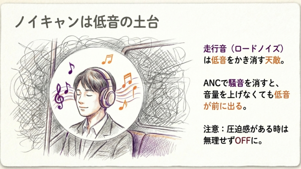 ノイズキャンセリングで騒音が消え低音が際立つイメージ
