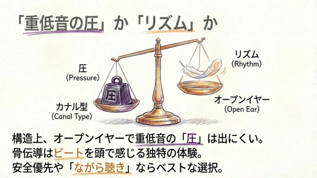 カナル型の重低音の圧とオープンイヤーのリズム感の比較図