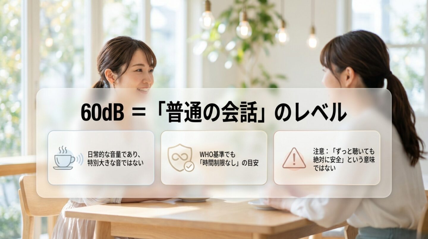 60dBは普通の会話レベルであり絶対安全を意味しないことを示すスライド