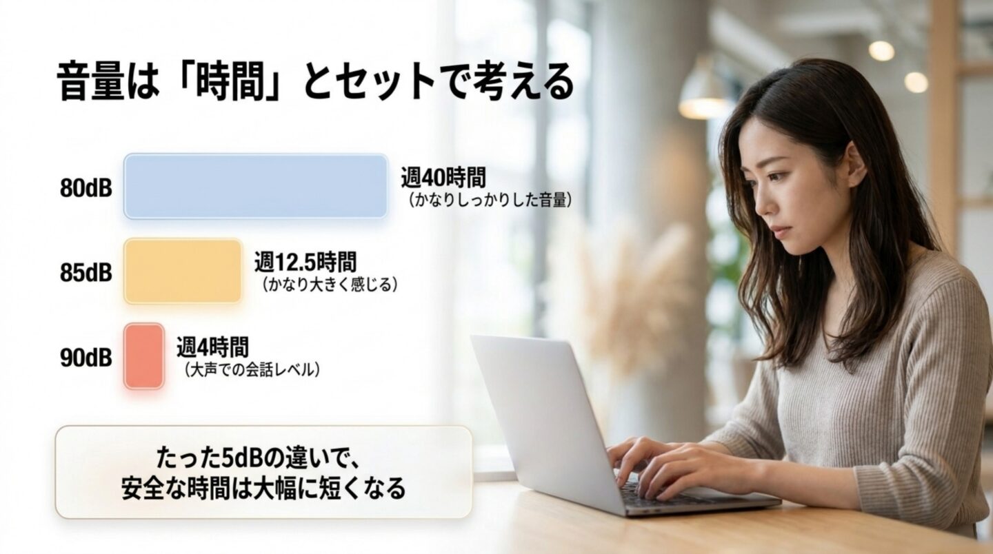 80dBは週40時間、85dBは週12.5時間、90dBは週4時間の目安を比較するスライド