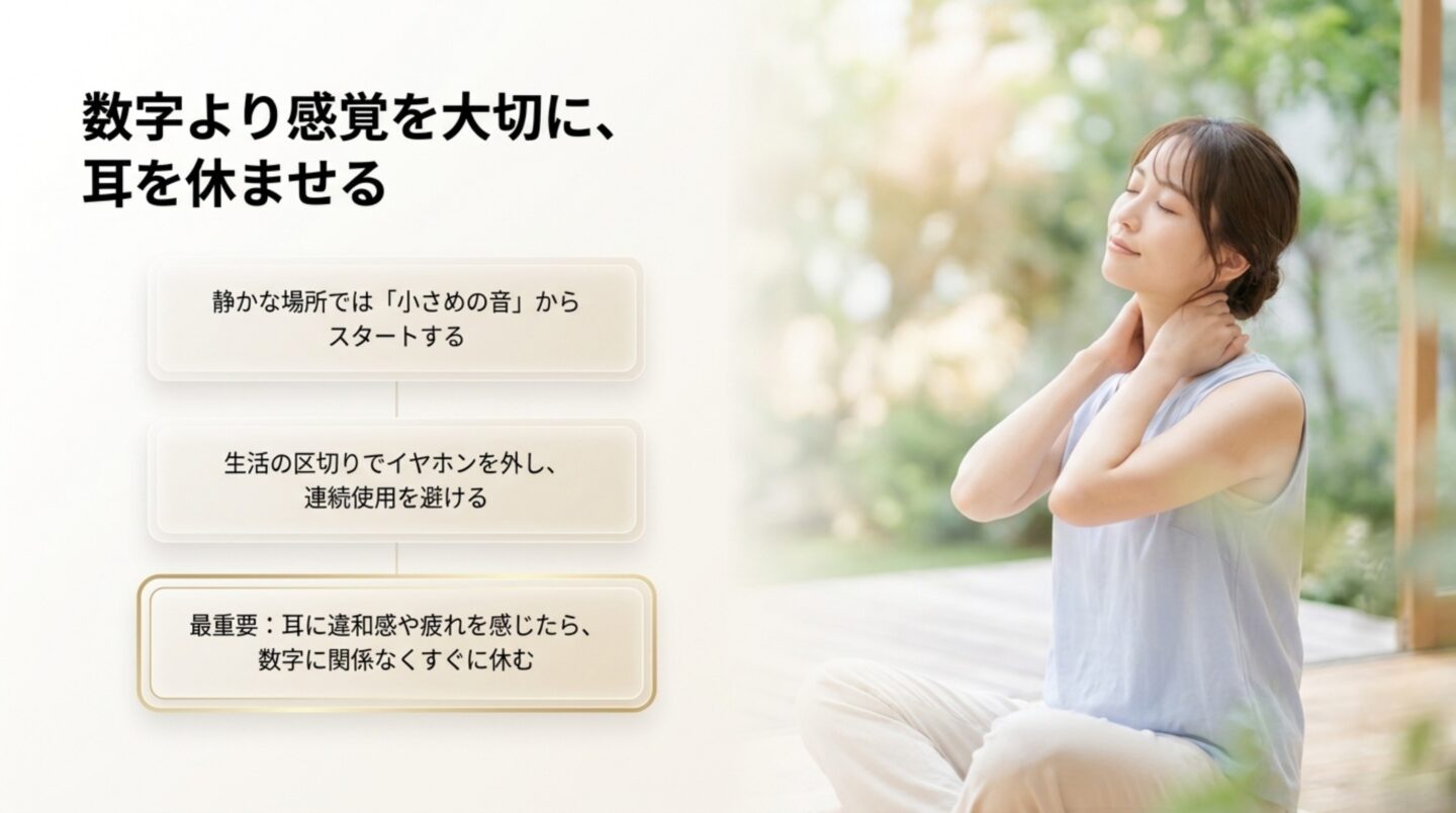 小さめの音から始めて生活の区切りでイヤホンを外し耳を休ませる方法を示すスライド