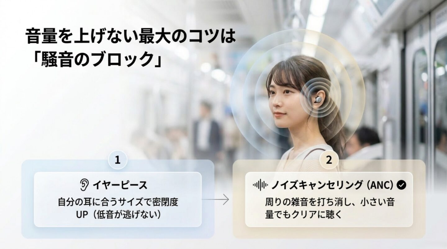イヤーピースとノイズキャンセリングで騒音を抑えて音量を上げすぎない方法を示すスライド