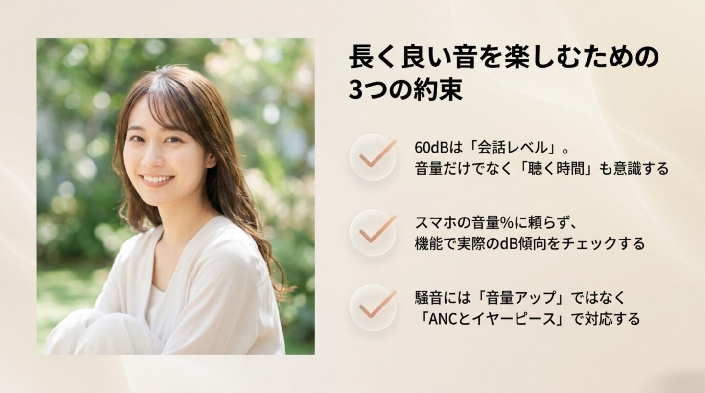 60dBの目安、dB確認、ANCとイヤーピース活用の3つのポイントをまとめたスライド
