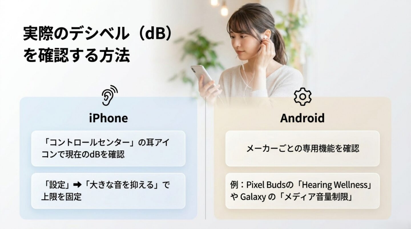iPhoneとAndroidでイヤホンのデシベルを確認または制限する方法をまとめたスライド