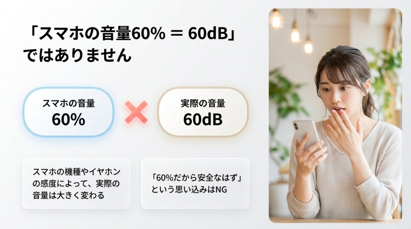 スマホの音量60％と実際の60dBは同じではないことを説明するスライド