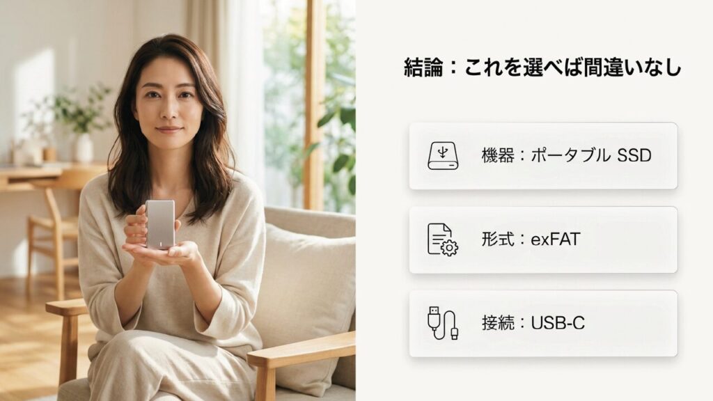 結論：ポータブルSSD ＋ exFAT ＋ USB-C接続を選べば間違いなし