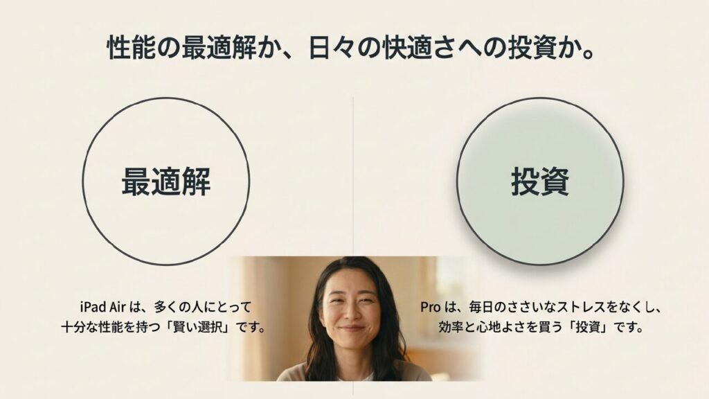 iPad Airは性能の最適解、iPad Proは日々の快適さへの投資という選び方のコンセプト