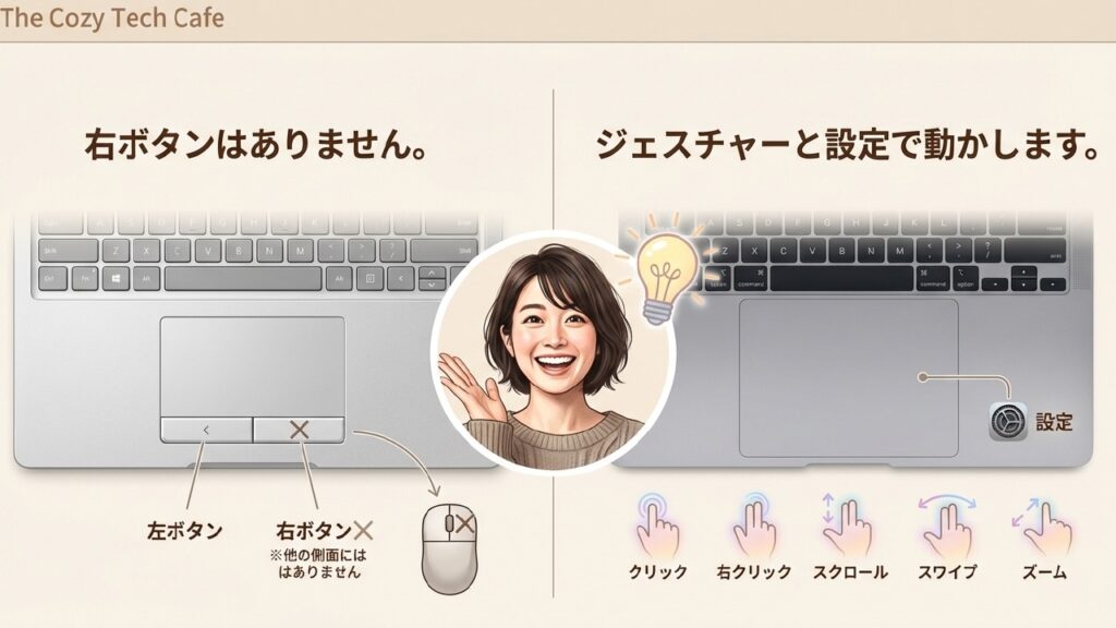 MacBook Airには右ボタンはありません。ジェスチャーと設定で動かします