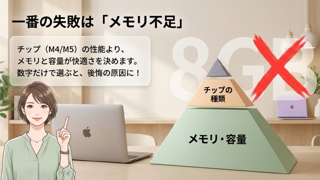 一番の失敗はメモリ不足。チップの種類よりメモリと容量が快適さを決めます