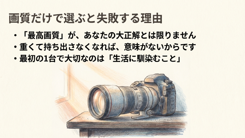 最高画質が正解とは限らず、重くて持ち出さなくなれば意味がないことを説明する図解スライド 
