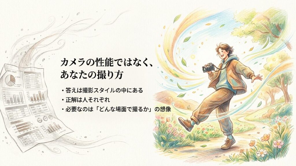 ファインダーの要不要はカメラの性能ではなく撮影スタイルで決まることを示すスライド